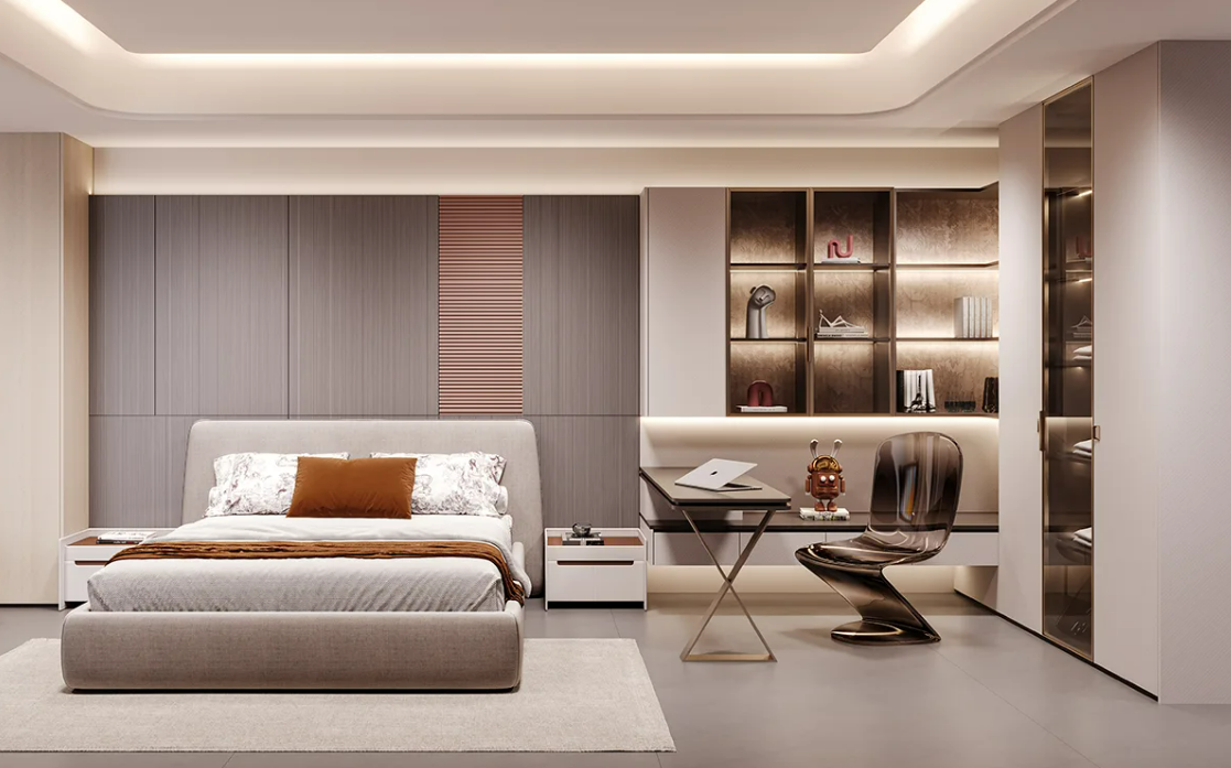 A bedroom in warm colors with a Puffy Serenity wardrobe