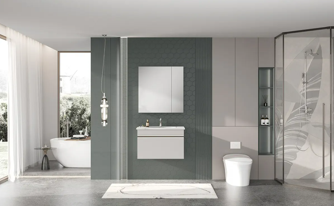 Modern Grey Bathroom Wall Cabinet with Mirrored Cabinet