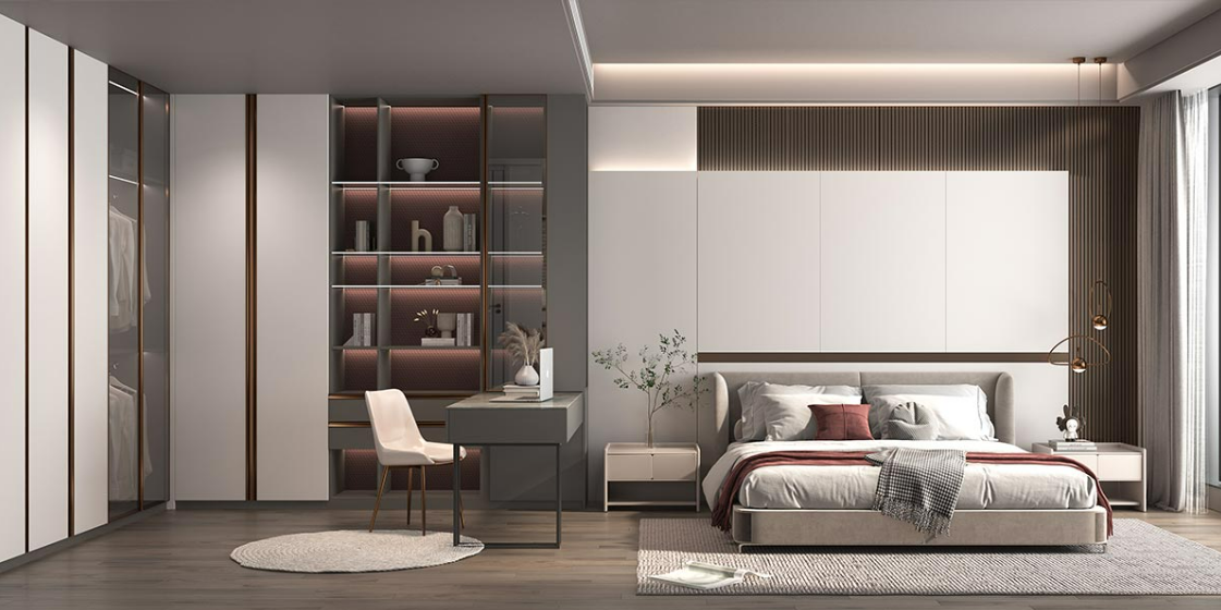 Built-in L-shaped cabinet with table