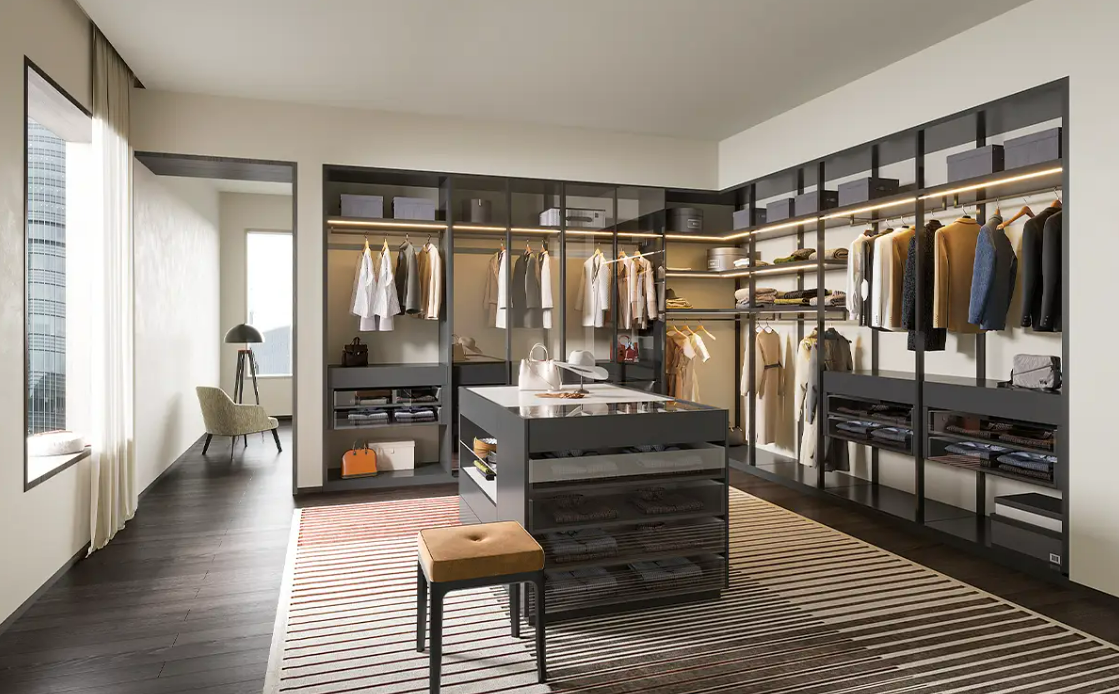 Dark grey custom built-in cabinet with island