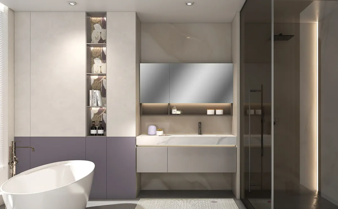 Modern hanging cabinet under the sink with mirrored cabinet with LED lighting