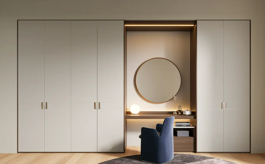 Light grey cabinet with textured PVC leather trim