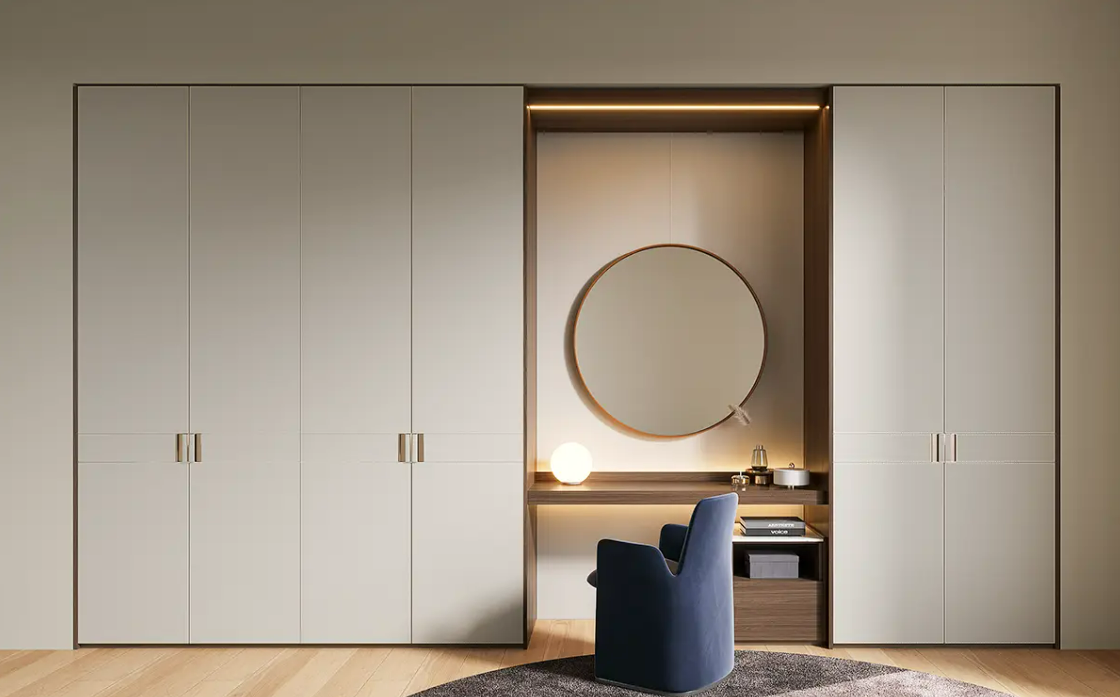 Light grey cabinet with textured PVC leather trim